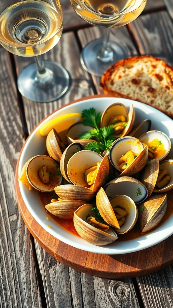 A bowl of garlic butter clams garnished with parsley and lemon, served with crusty bread on a rustic table.